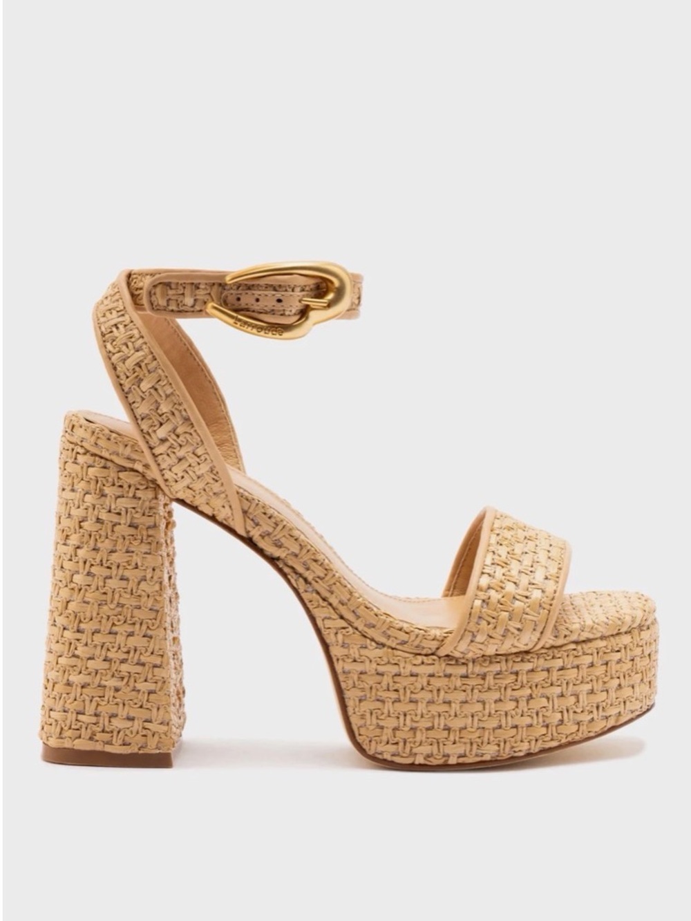 Larroude Woven Beige Platform Ankle-Strap Sandal with Gold Buckle